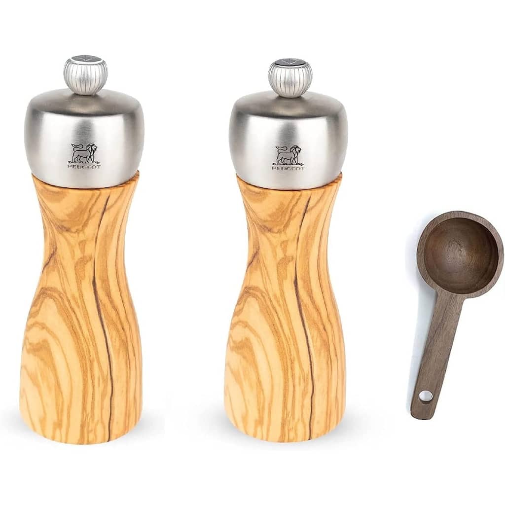 Peugeot Classic Fidji Salt & Pepper Mills Gift Set, Olive Wood, 15 cm - With Wooden Spice Scoop