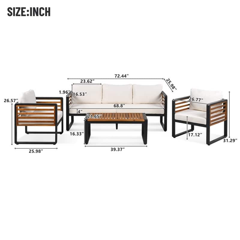 5-Person Outdoor Conversation Set with Removable Cushions and Stylish Metal Frame and Acacia Wood