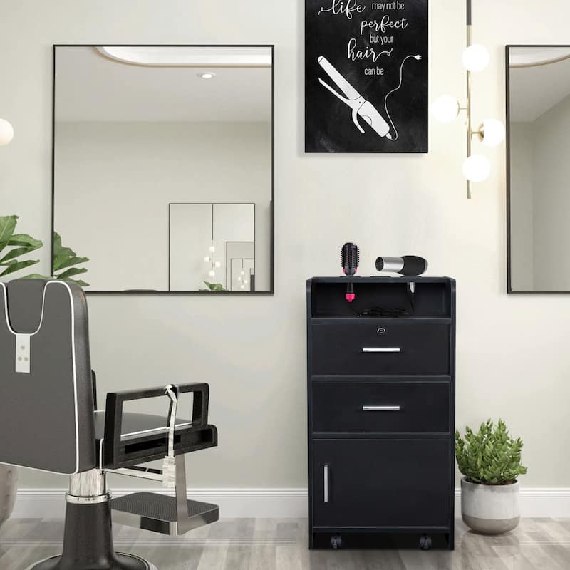 Beauty Salon Station with Wheels, Drawers, 3 Hair Dryer Holders - W16.93*D13.78*H31.10