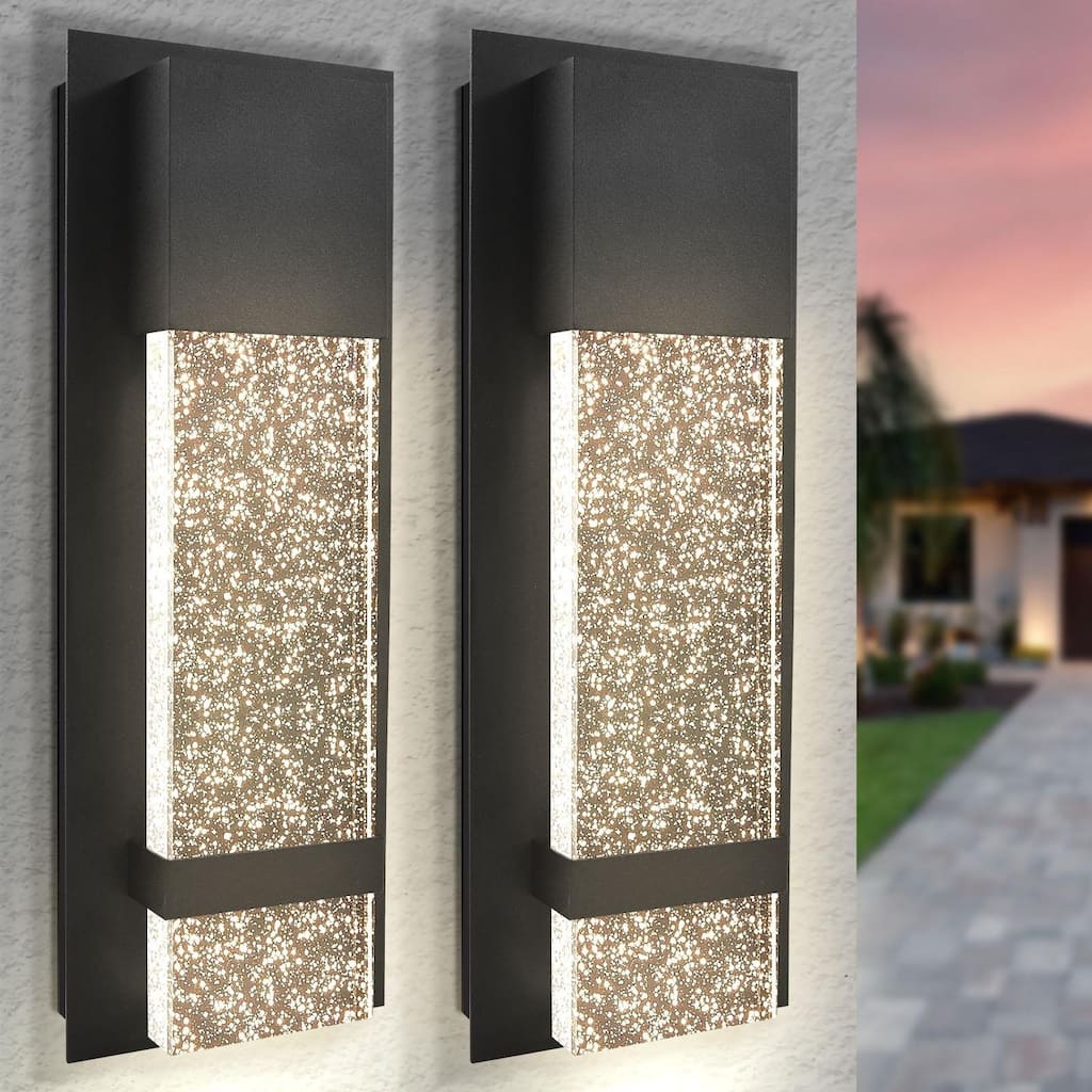 Luxrite Modern LED Outdoor Wall Light, Seeded Bubble Glass, 3CCT 3000K-5000K, 14 Inch, 12W, Black Aluminum, IP65 2-Pack