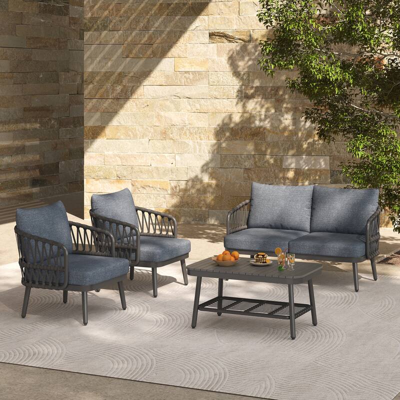 Modern 4-Piece Patio Conversation Set with Woven Rope Backrest, Acacia Coffee Table and Cushions, Outdoor Furniture