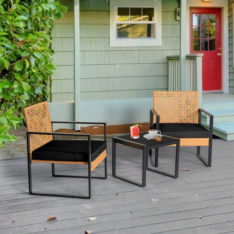 3 Pieces Patio Set Outdoor Wicker Furniture Sets, Modern Rattan Chair Conversation Sets with Glass Coffee Table