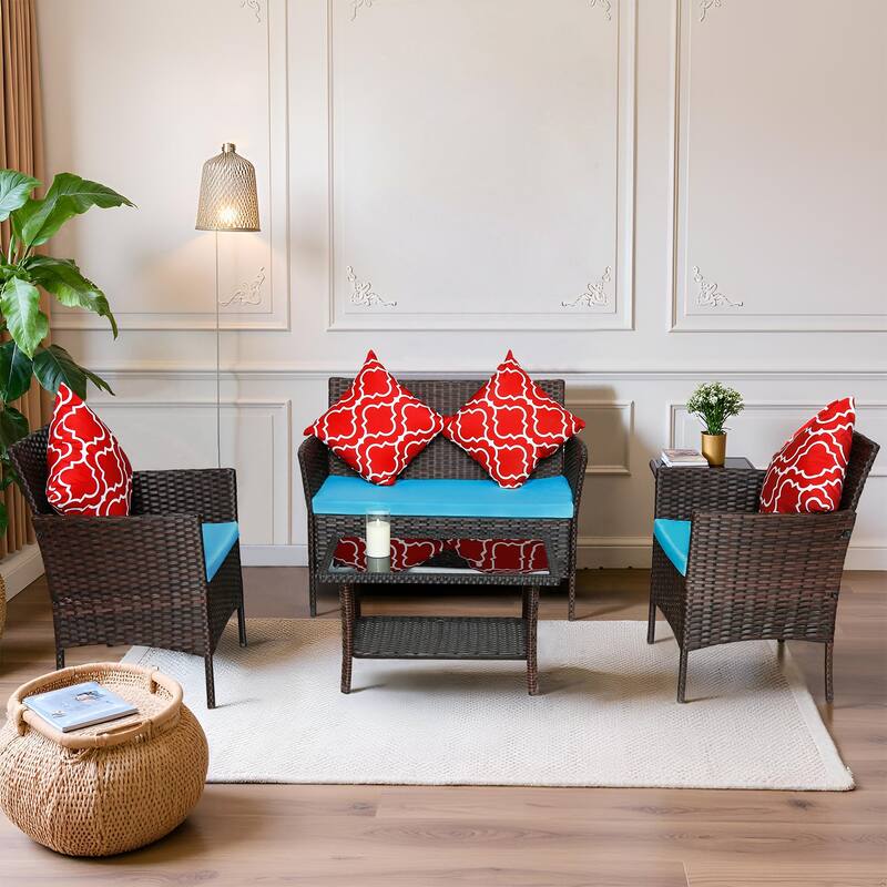 4-Piece Outdoor PE Rattan Sofa Set with Glass Table