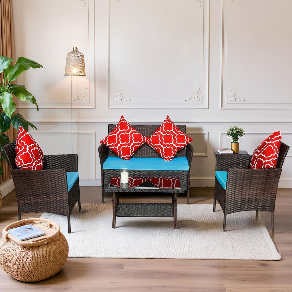 4-Piece Rattan Outdoor Sofa Set, Conversation Set with Soft Cushions and Tempered Glass Coffee Table