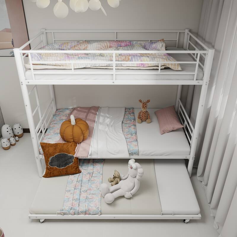 Twin Over Twin Metal Bunk Bed with Safety Guardrail, Heavy-Duty Frame and Noise-Reduced Design, No Box Spring Needed - White