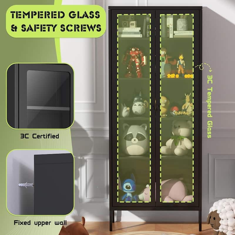 67'' Pantry Storage Cabinet Glass Display Sideboard Buffet Cabinet Curio Bookcase with Glass Doors and 4 Adjustable Shelves