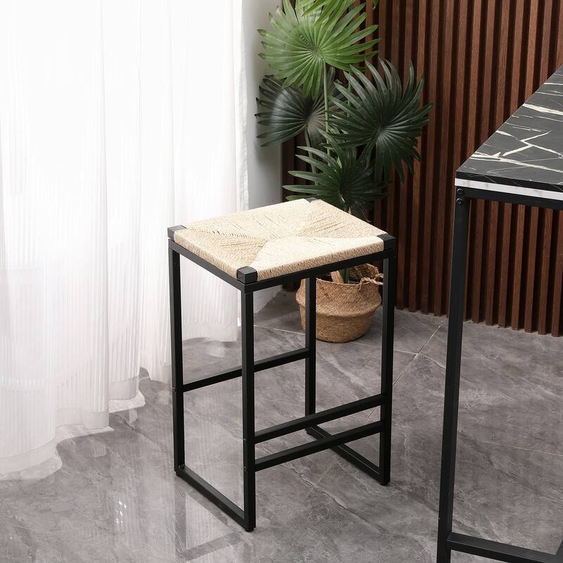 Set of 2 Backless Bar Stools, Paper Rope Backless/Water Hyacinth Backless
