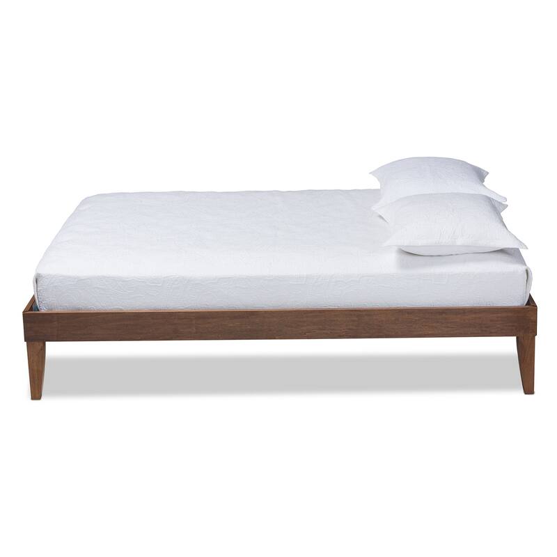 Mid-Century Modern Walnut Brown Queen Size Platform Bed with Sleek Angled Legs and Minimalist Design