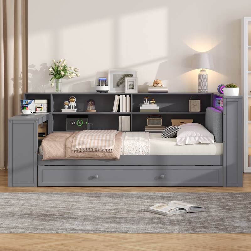 Roomfitters Twin/Full Platform Bed with Trundle, LED Headboard, Charging Station and Storage