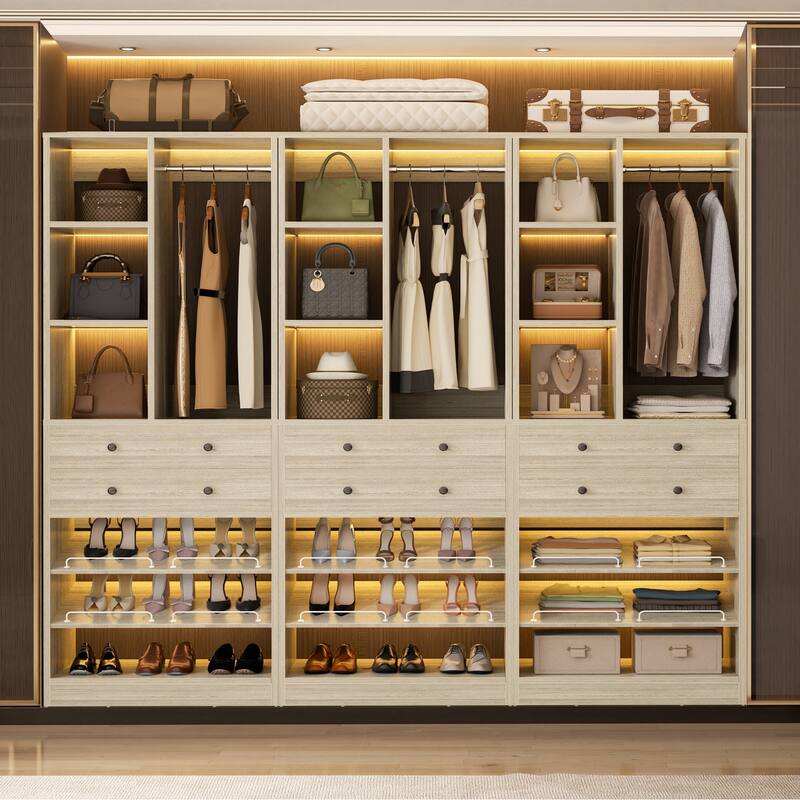 Grimm 28'' Closet Organizer with Shoe Racks and Drawers, Closet System with Hanging Rod and Adjustable Shelves - 3pcs - Washed Oak