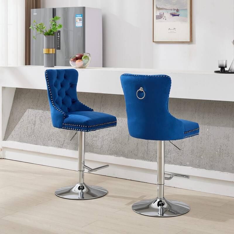 Thick Chrome Swivel Velvet Barstools,Adjustable Height,Modern Upholstered,Sponge&Spring（Set of 2)