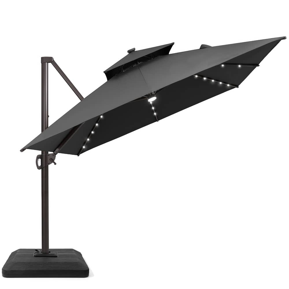 9x11 FT Daul Top Aluminum Outdoor Patio Cantilever Umbrella Solar LED Lighted with Weight Base