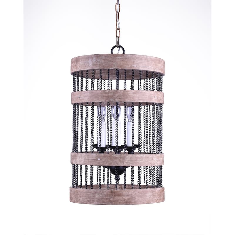 HomeRoots Black And Natural Wood and Metal Cylinder Three Light Dimmable Chandelier - 13.50' X '28.50' X '13.50