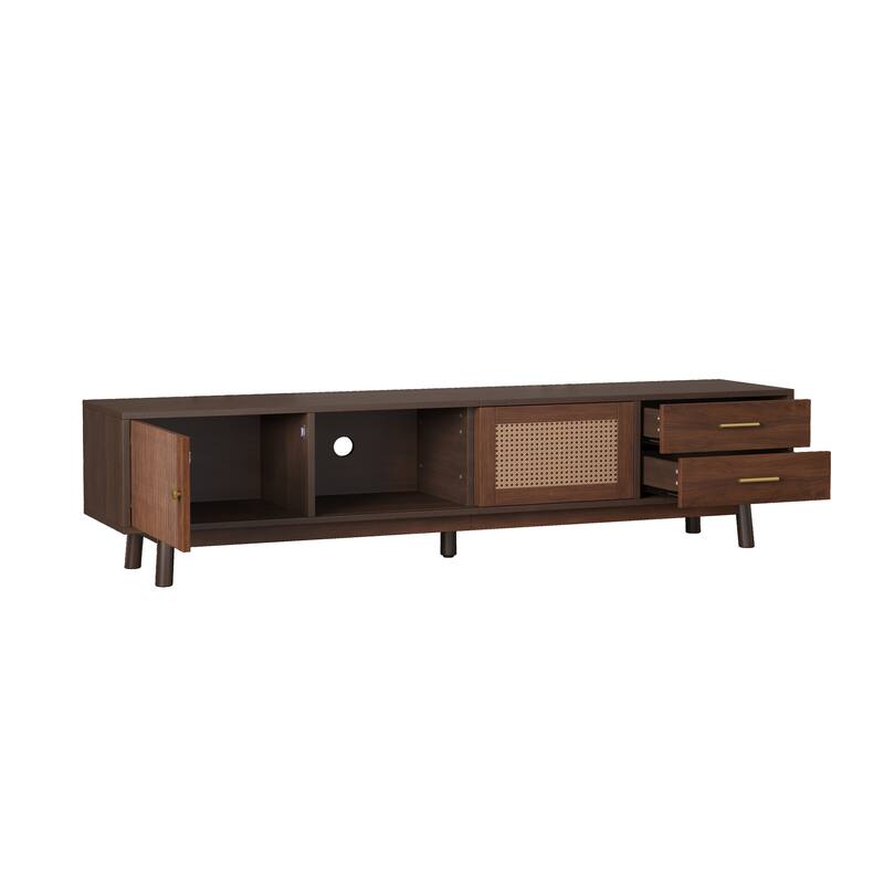 Mid Century Modern TV Stand for 80" TVs, Entertainment Center with Sliding Doors and Drawers, TV Table with Storage