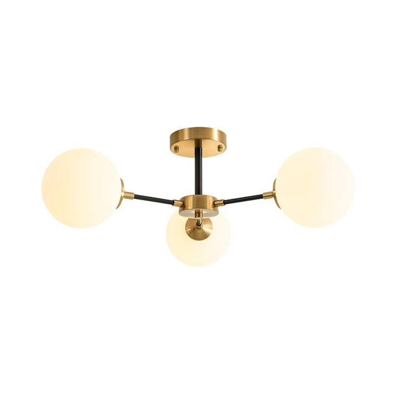 3-Light Brass Black Frosted White Glass Sputnik Semi Flush Mount - 26 Inches