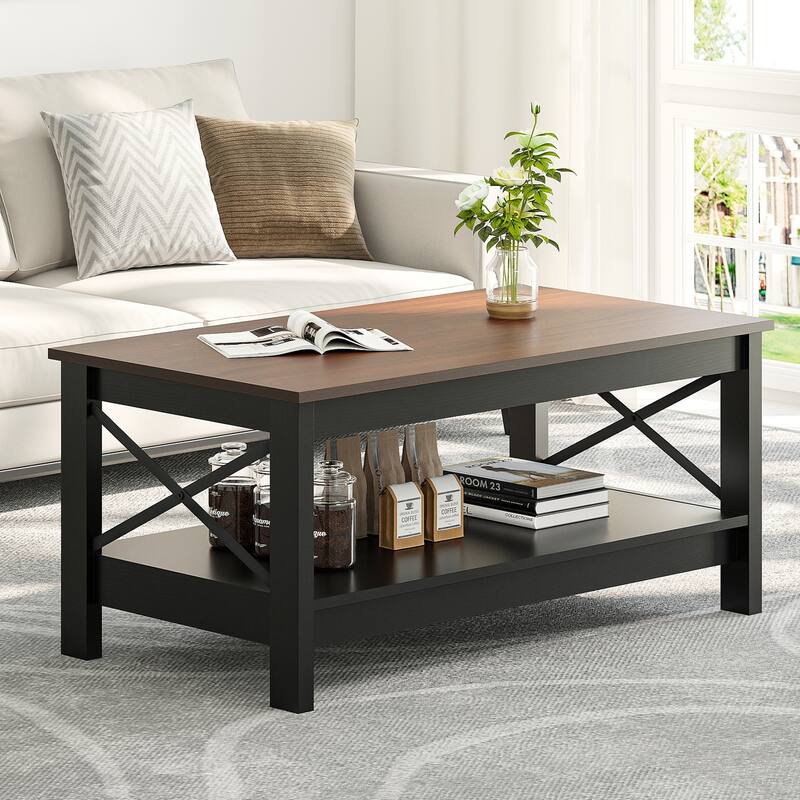 Farmhouse Coffee Table with Storage 2-Tier Center Table for Living Room - Walnut Top+Black
