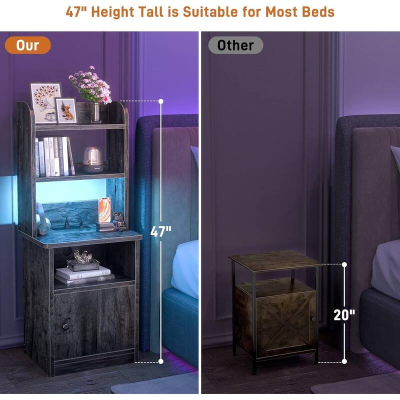 47" Nightstand with Charging Station and LED Lights,Industrial Bedside End Side Table with Adjustable Bookshelf Storage Cabinet