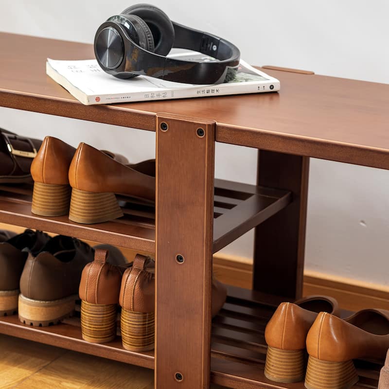 2-Tier Wood Shoe Rack Bench, Shoe Storage Organizer, Entryway Bench
