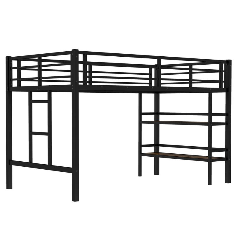 Roomfitters Metal Twin Loft Bed Frame with Ladder, Safety Rail & Built-in Storage Shelf, Space-Saving Design, Black