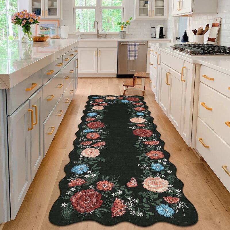 Area Rugs for Living Room Bedroom Washable Modern Floral Rug Scalloped Non-Slip Low Pile Carpet