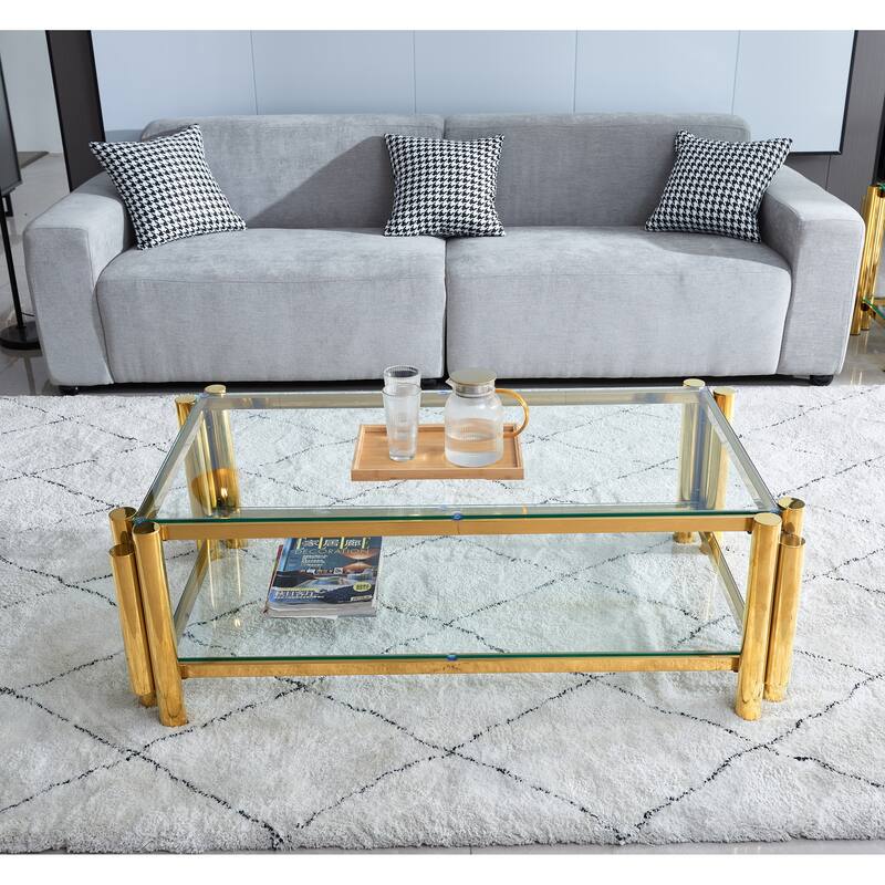 Modern Stainless Steel Coffee Table Tempered Glass Coffee Table with 2Tier Glass Shelves, for Living Room