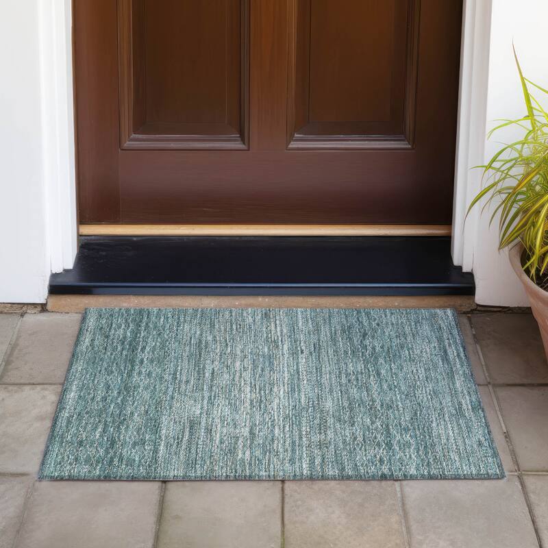 Machine Washable Indoor/Outdoor Modern Trellis Chantille Rug - Teal - 1'8" x 2'6"