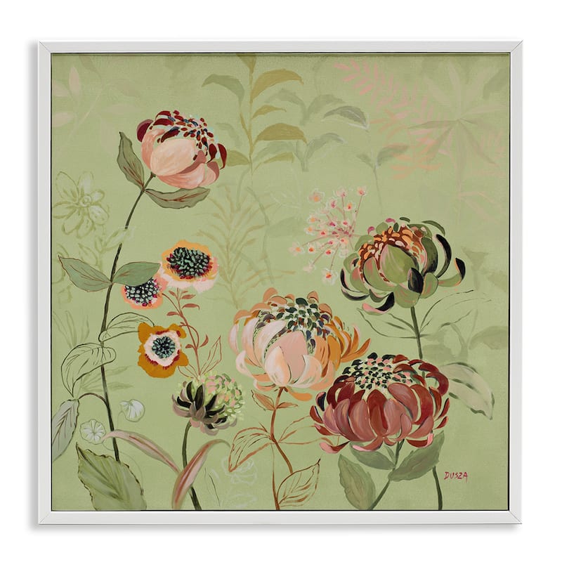 Stupell Curled Chrysanthemums on Green Framed Giclee Art Design By Dusza - 12 x 12 - White