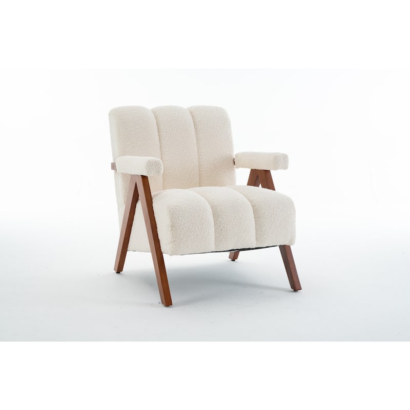 Mid Century Modern Accent Chair, Chenille Armchair with Solid Wood Legs, Channel Tufted Comfy Reading Chair for Living Room