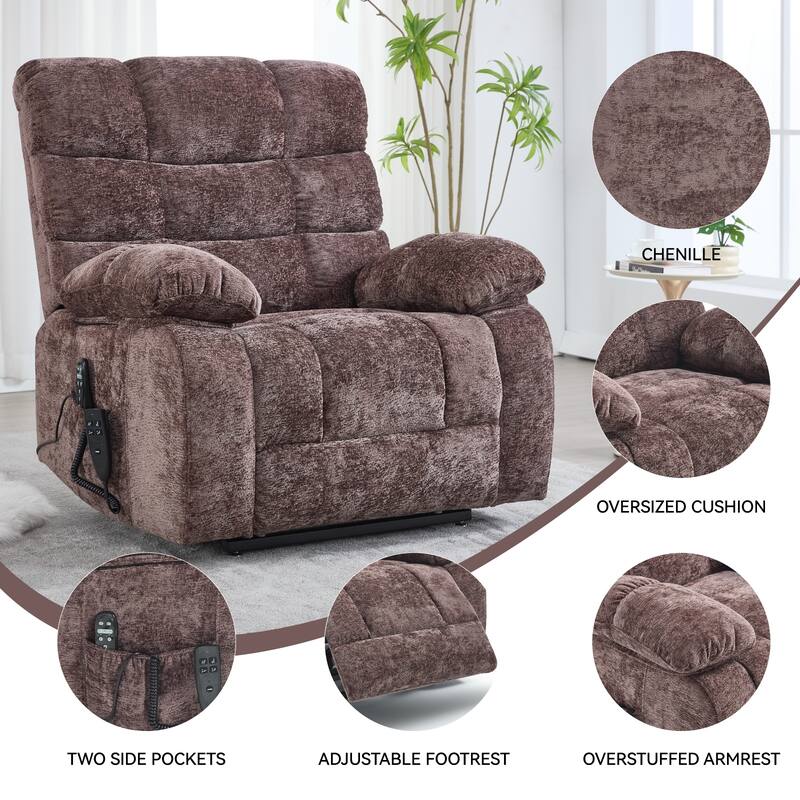 Large Dual Motor Chenille Power Lift Recliner Chair with Massage and Heat and Power-Remote, Infinite Position