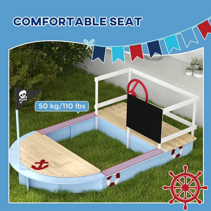 Blue Pirate Ship Kids Sandbox with Seats Storage and Fir Wood Construction for Ages 3 to 7 Years - 68" L x 44" W x 39.25" H