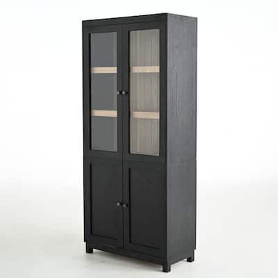 4-Tier Glass Display Cabinet, 74.5'' Tall Curio Display Case with Glass Doors, Wood Storage Cabinets for Collectibles, Black