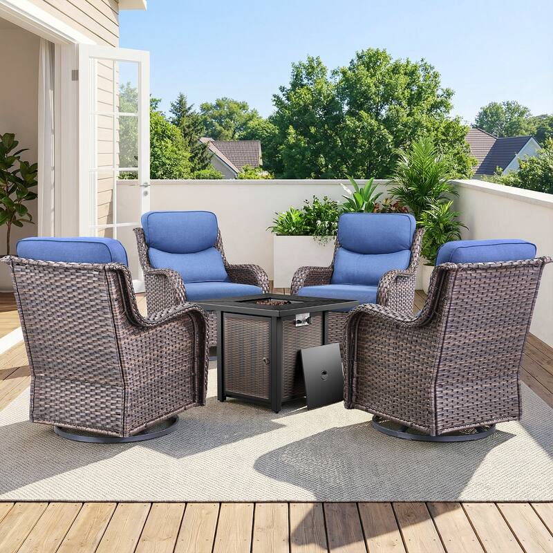 Pocassy 30 In Outdoor Fire Pits with Patio Sofa Swivel Glider Chari Furniture. - Brown Wicker Blue Cushion - 5-Piece Swivel Chair w/ Fie Pit Table