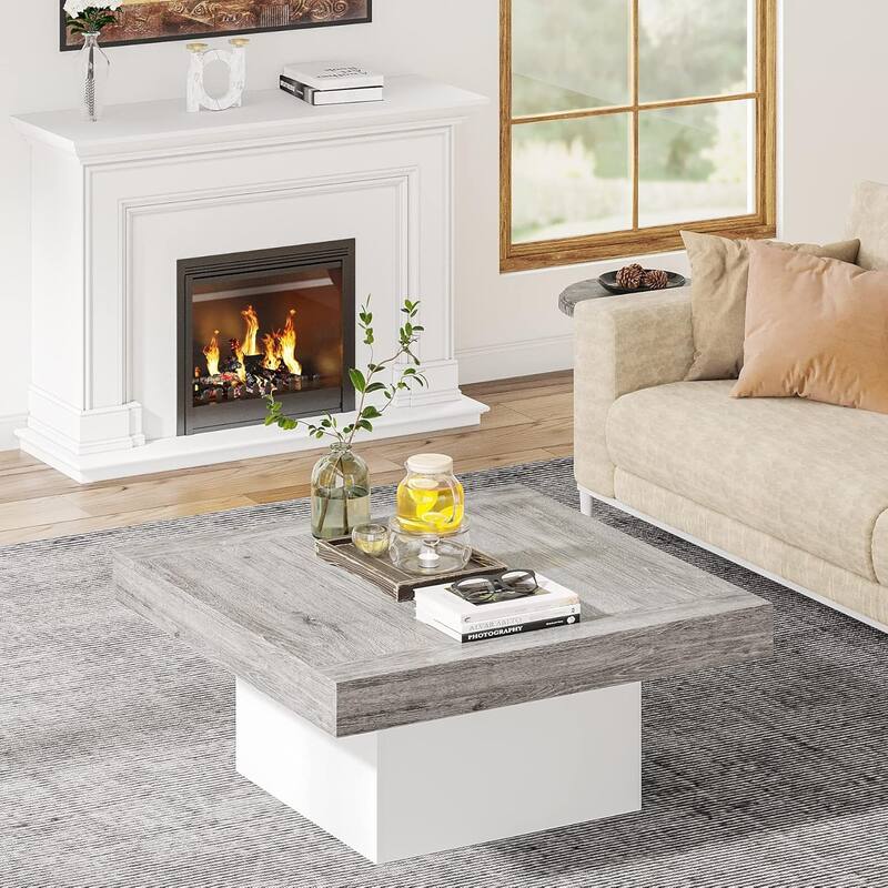 Modern Square LED Coffee Table, Low Center Table with Built-In Light for Living Room