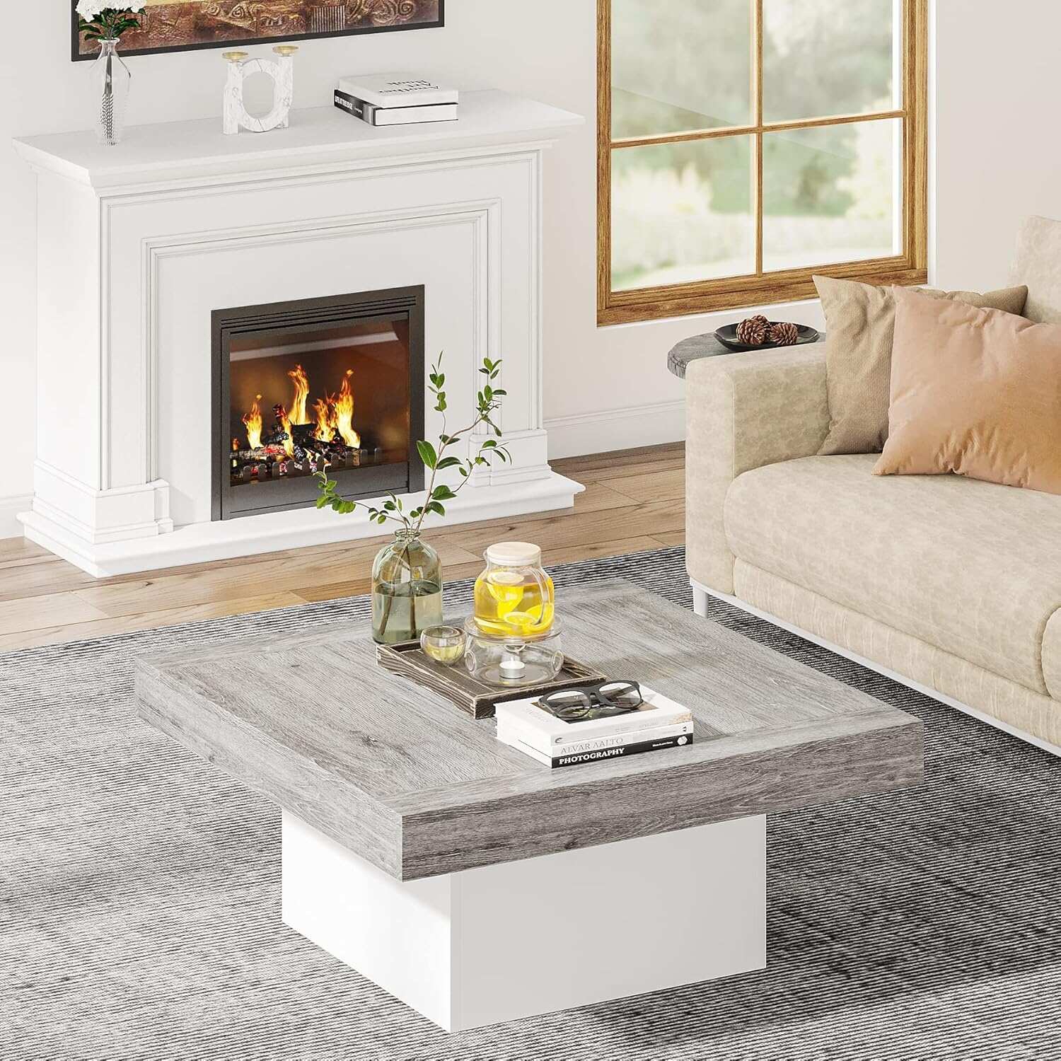 Modern Square LED Coffee Table, Low Center Table with Built-In
