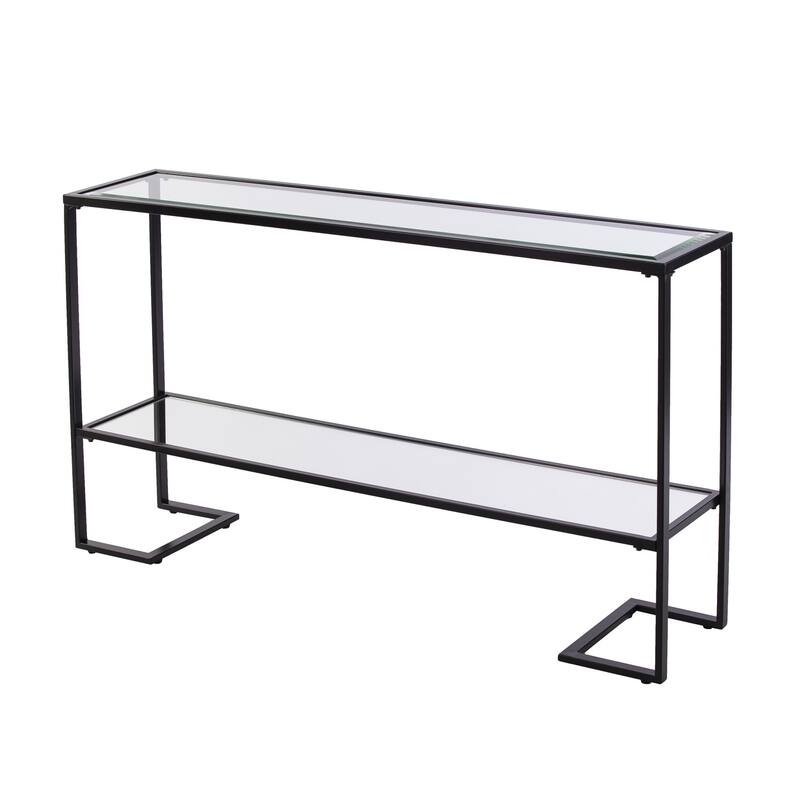 Clear Glass Mirrored Sled Console Table with Black Metal Base - 52” L x 12” W x 29” H
