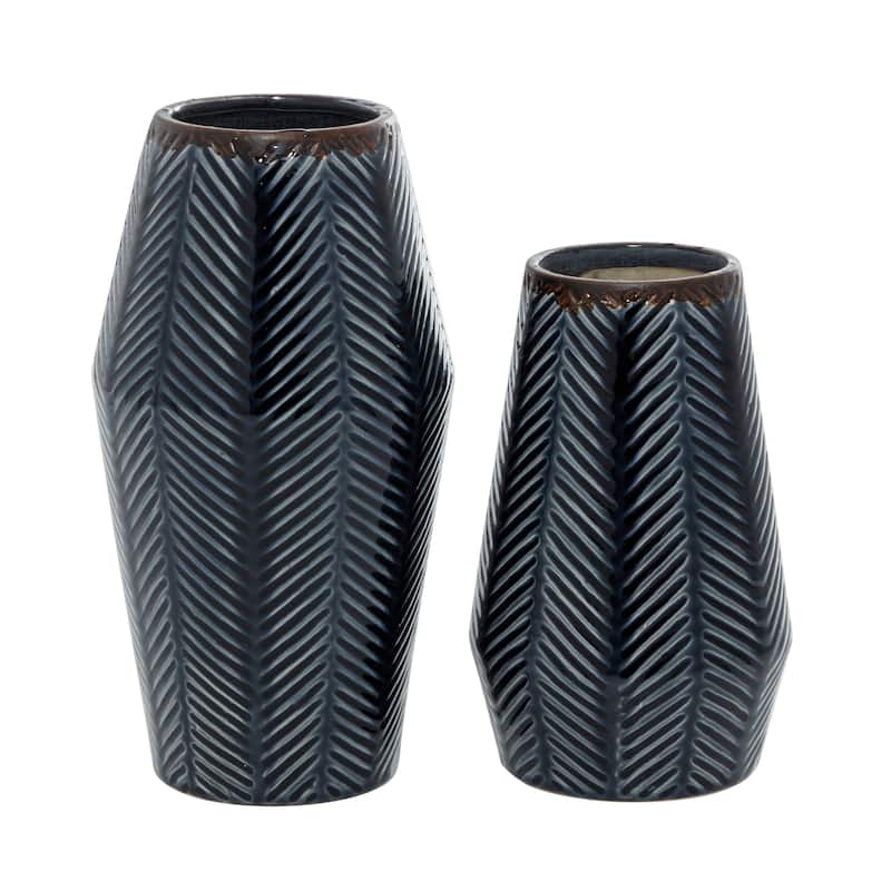 Ceramic Handmade Chevron Vase - Set of 2 Dark Blue - Roche River Decor - 6"W x 6"L x 11"H