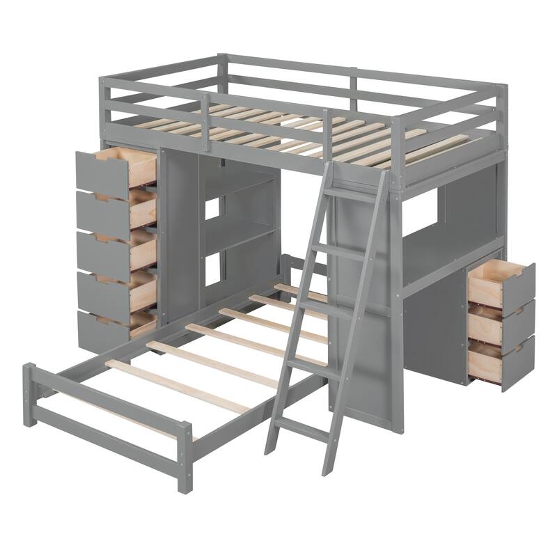 Twin Over Twin Solid Pine Bunk Bed with Drawers, Shelves, Desk with LED & USB Ports