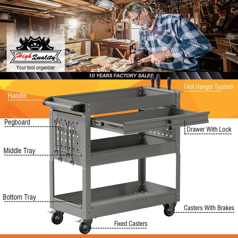 3-Tier Rolling Tool Cart on Wheels for Mechanics with Utility Drawer