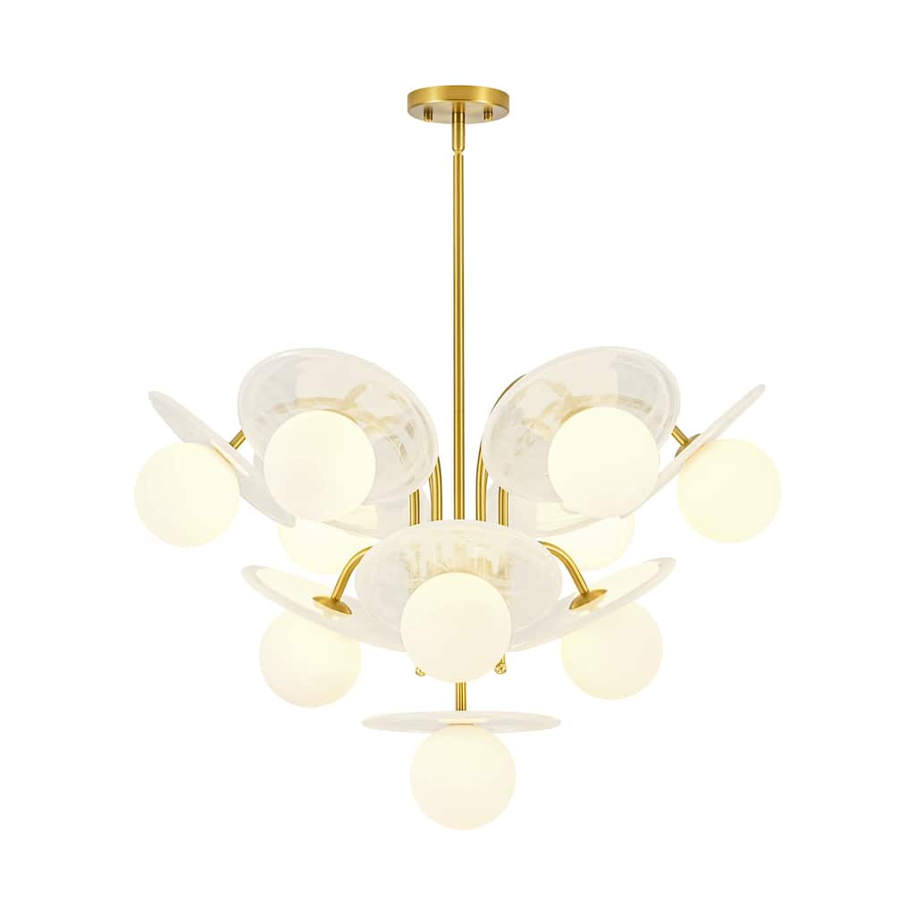 29.1" W 10-Light Mid-Century Chandelier with Cloud Glass Discs and Opal Globes in Brushed Gold