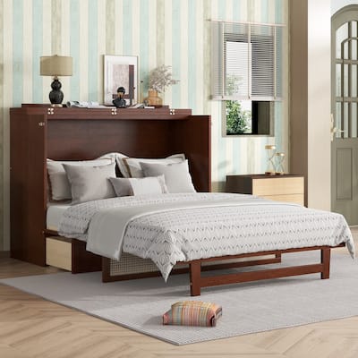 Queen Size Folding Cabinet Bed with Rattan Accent, Solid Pine Frame, Large Storage Drawer, Space-Saving Murphy Design