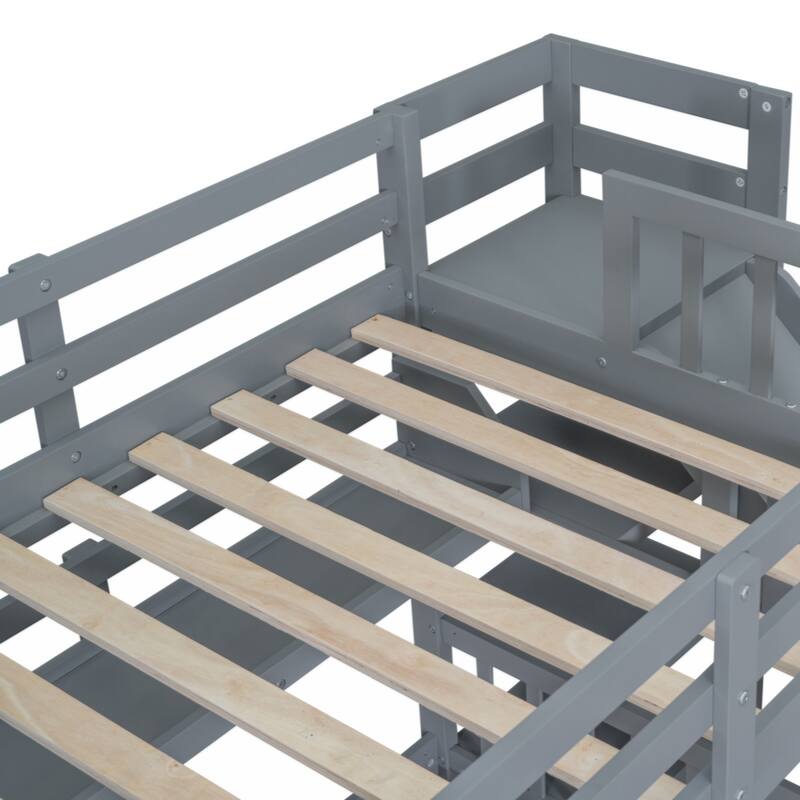 Twin-Over-Twin Castle Style Bunk Bed with 2 Drawers 3 Shelves and Slide