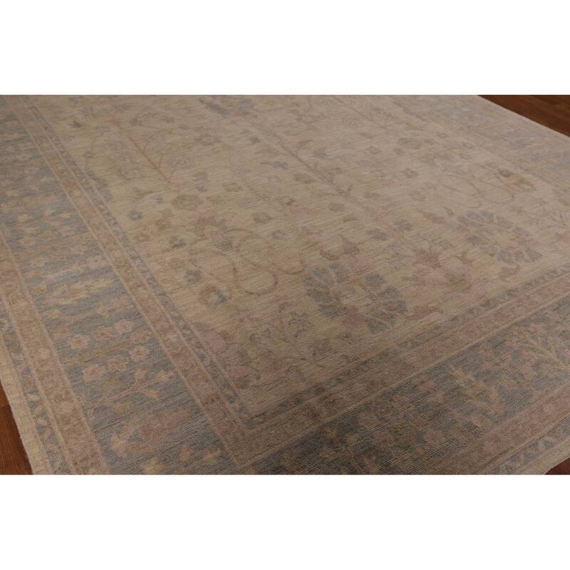 Vegetable Dye Oushak Turkish Area Rug Hand-Knotted Beige Wool Carpet - 9'1" x 11'5"