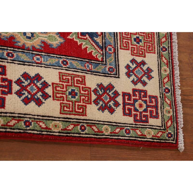Geometric Kazak Oriental Accent Rug Handmade Red Wool Carpet - 3'3"x 5'0"
