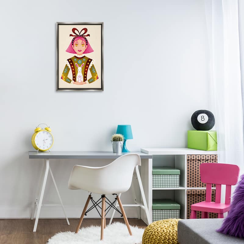 Stupell Pink Haired Girl & Bunny Framed Floater Canvas Wall Art Design By Hannah Moren