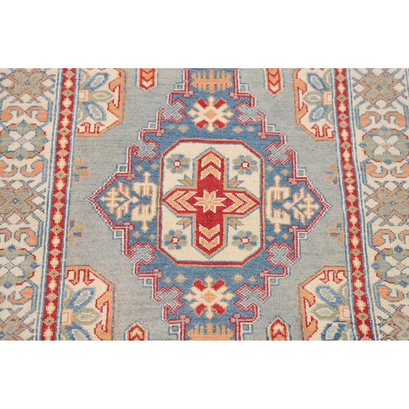 Geometric Blue Kazak Accent Rug Handmade Wool Carpet - 3'3" x 4'11"