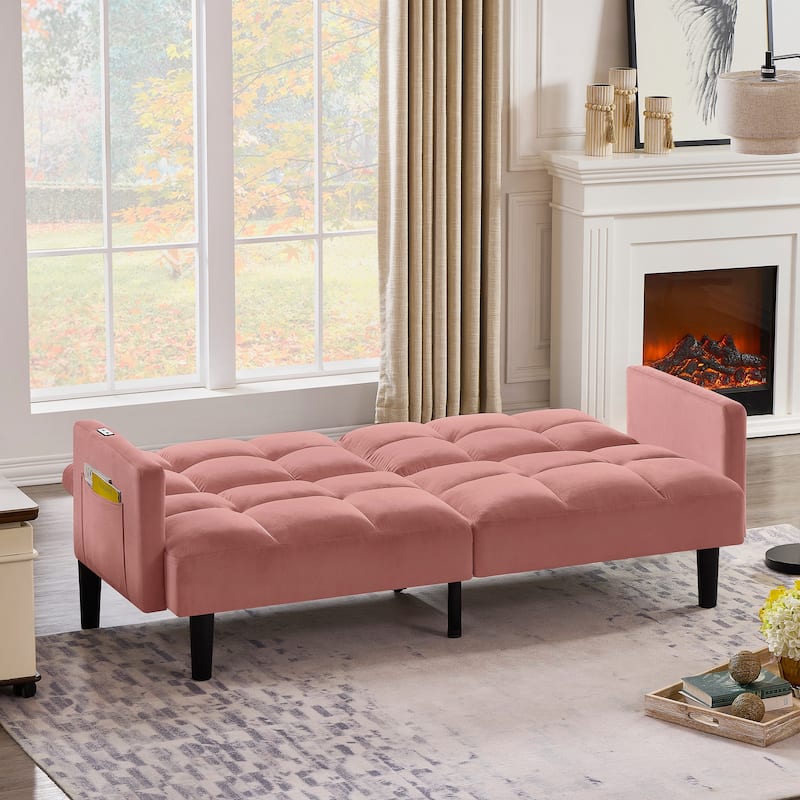 Versatile Adjustable Futon Couch Convertible Velvet Sleeper Sofa Bed with USB, Side Pockets, Chevron Tufting and Tapered Legs