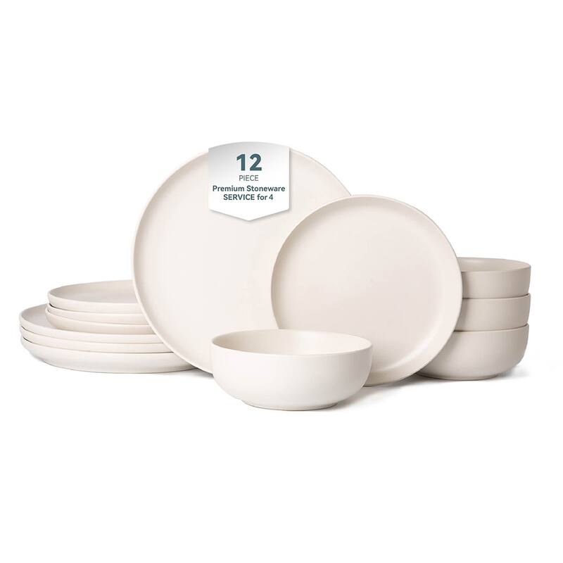 12PCS Stoneware Dinnerware Set, Microwave Dishwasher Safe Stackable - White
