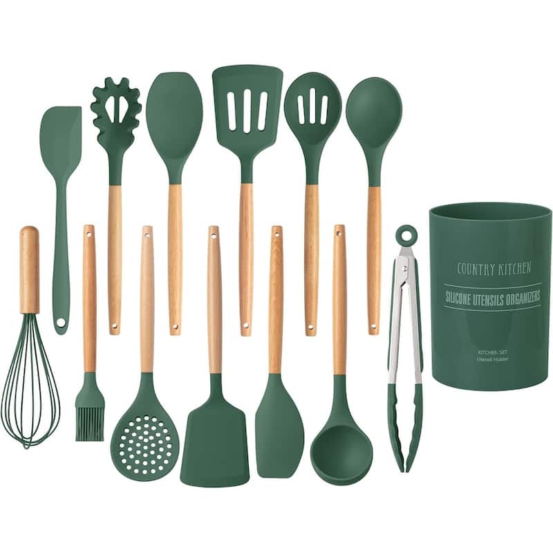 Country Kitchen Non Stick Silicone Utensil Set with Rounded Wood Handles for Cooking and Baking, 14 Piece Set