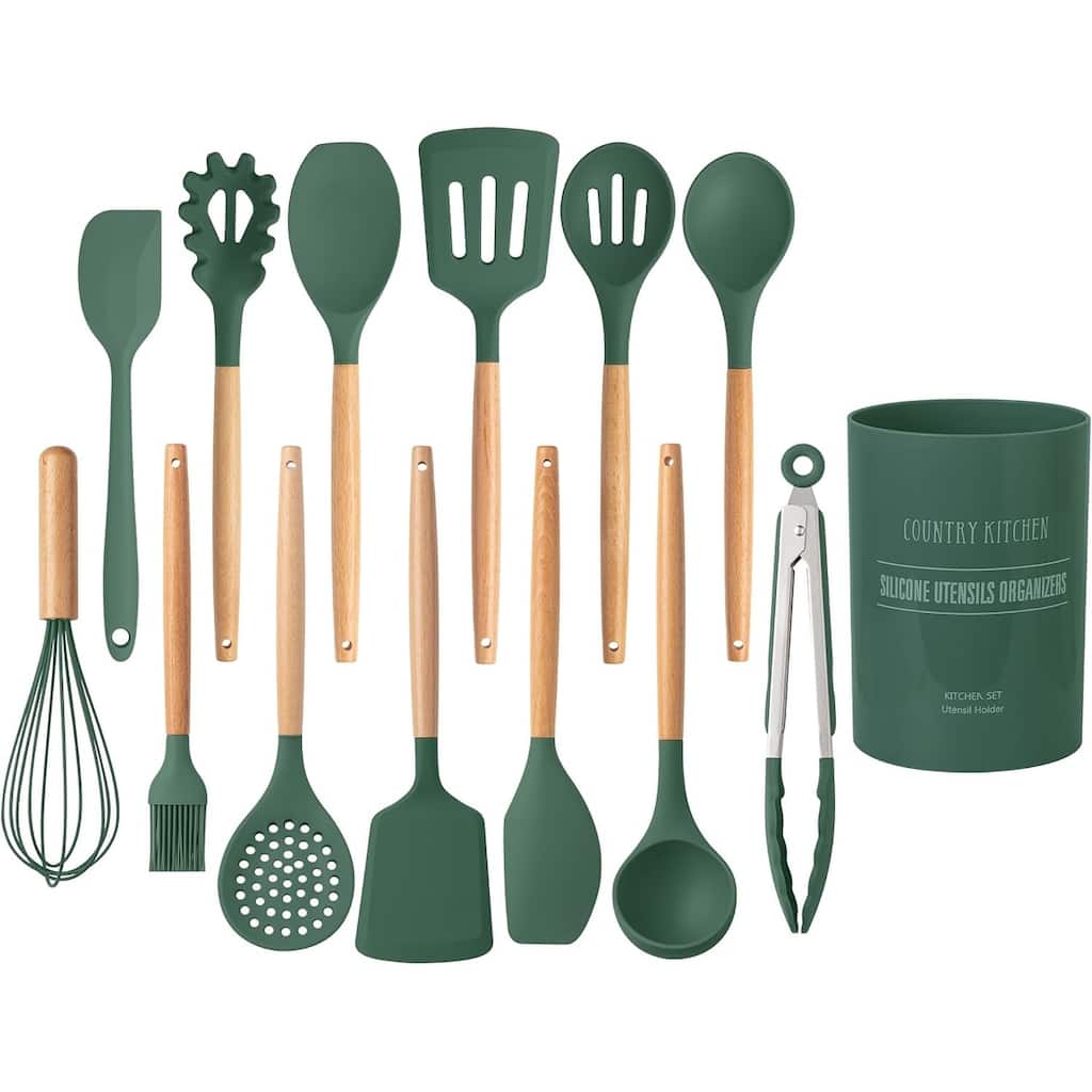Country Kitchen Non Stick Silicone Utensil Set with Rounded Wood Handles for Cooking and Baking, 14 Piece Set