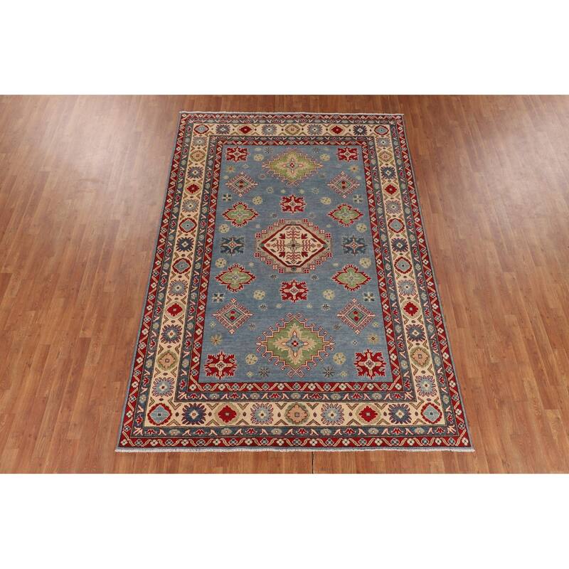 Light Blue Kazak Area Rug Living Room Hand-Knotted Wool Carpet - 6'8" x 9'9"